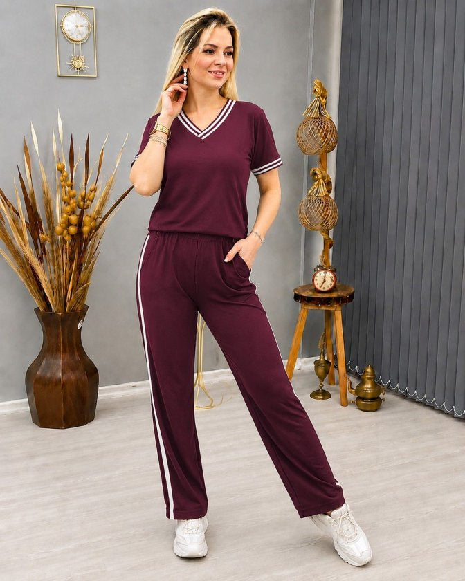 Set Două Piese Damă Bluză cu Mânecă Scurtă Decolteu în V Viscoză Două Fire și Pantaloni, 35467