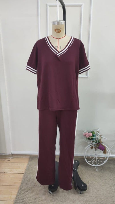 Set Două Piese Damă Bluză cu Mânecă Scurtă Decolteu în V Viscoză Două Fire și Pantaloni, 35467