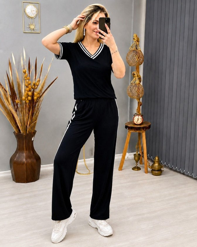 Costum pentru femei din 2 piese - bluz viscoza cu maneca scurta, guler V si pantaloni, 35468