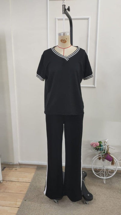 Costum pentru femei din 2 piese - bluz viscoza cu maneca scurta, guler V si pantaloni, 35468