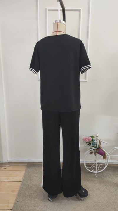 Costum pentru femei din 2 piese - bluz viscoza cu maneca scurta, guler V si pantaloni, 35468