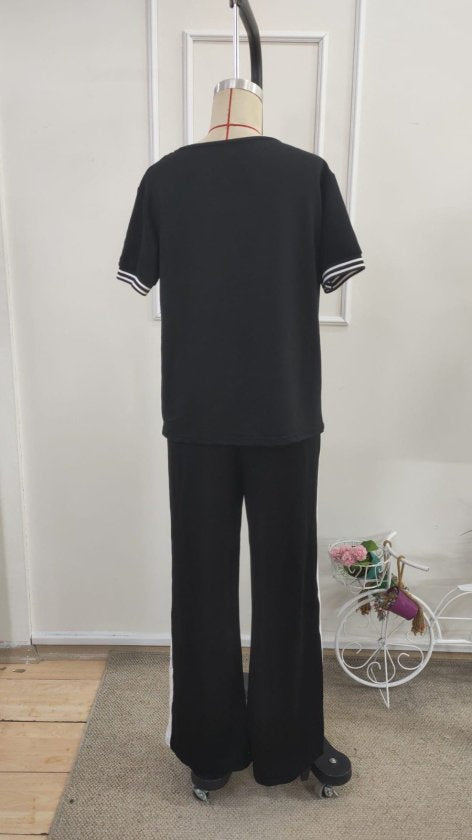 Costum pentru femei din 2 piese - bluz viscoza cu maneca scurta, guler V si pantaloni, 35468
