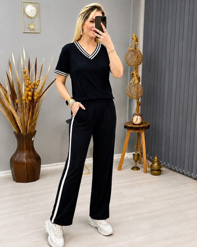 Costum pentru femei din 2 piese - bluz viscoza cu maneca scurta, guler V si pantaloni, 35468