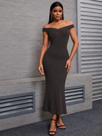 Rochie dalgic lunga pentru femei cu umerii goi, guler Madonna, decupaj V, 35493