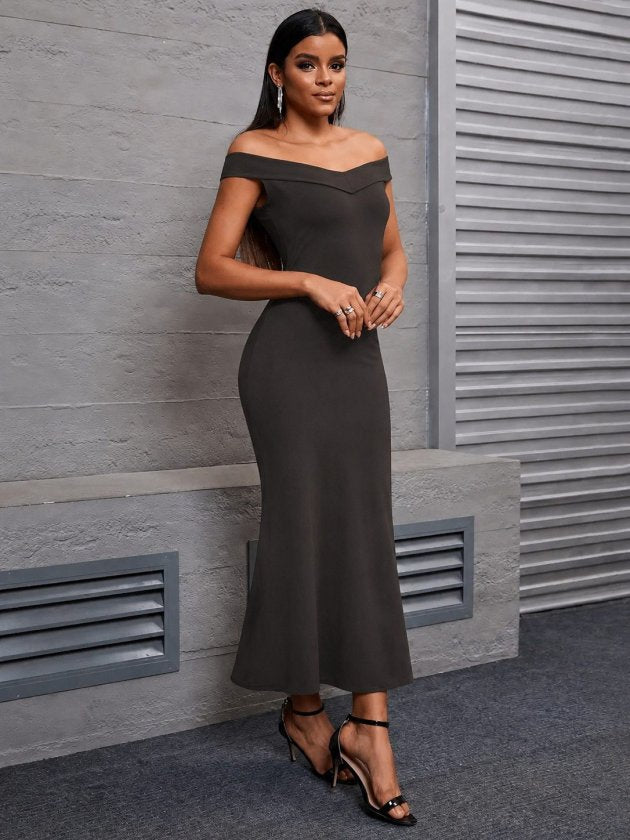 Rochie dalgic lunga pentru femei cu umerii goi, guler Madonna, decupaj V, 35493