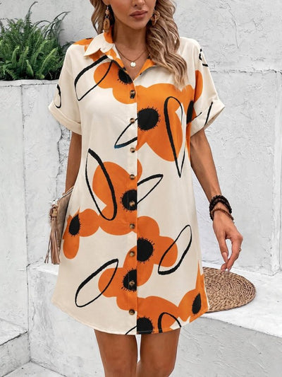 Rochie damă, scurtă, din jerseu, cu guler și mânecă scurtă, cu model floral, 35540