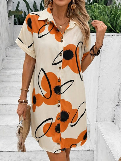 Rochie damă, scurtă, din jerseu, cu guler și mânecă scurtă, cu model floral, 35540