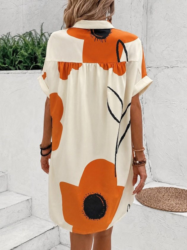 Rochie damă, scurtă, din jerseu, cu guler și mânecă scurtă, cu model floral, 35540
