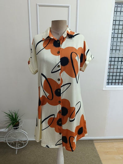 Rochie damă, scurtă, din jerseu, cu guler și mânecă scurtă, cu model floral, 35540