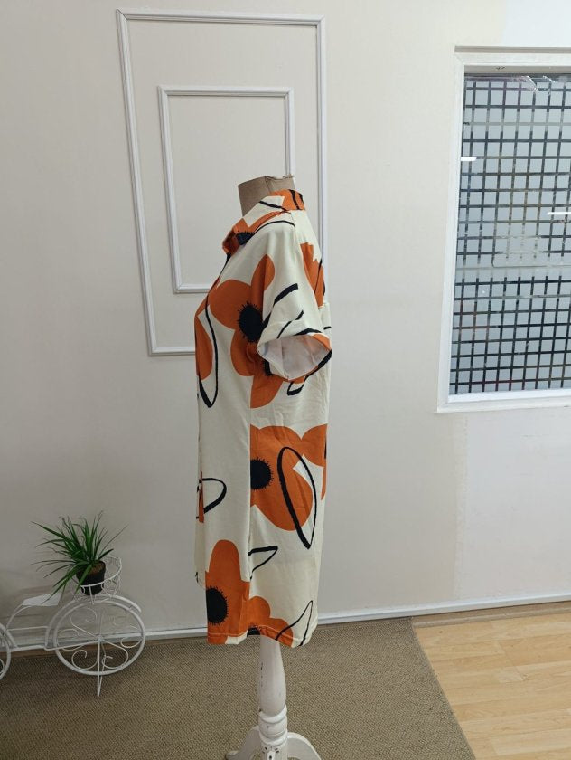 Rochie damă, scurtă, din jerseu, cu guler și mânecă scurtă, cu model floral, 35540