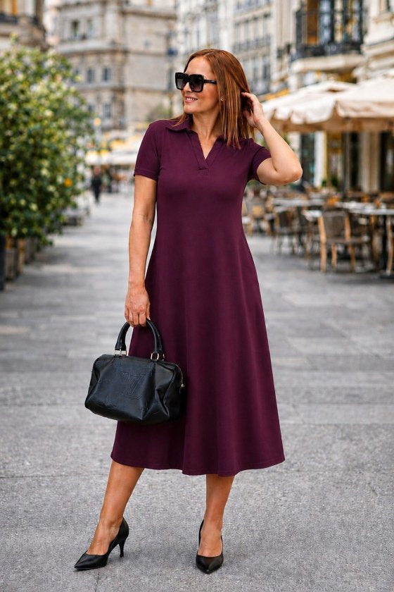 Rochie de damă din viscoză, midi, cu mâneci scurte, decolteu în V, țesătură cu două fire, 35577