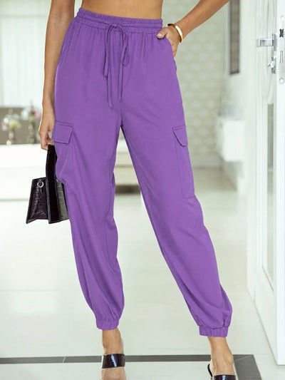 Pantaloni de damă tip parașută, cu talie înaltă, șiret, buzunare și manșete elastice, 35716