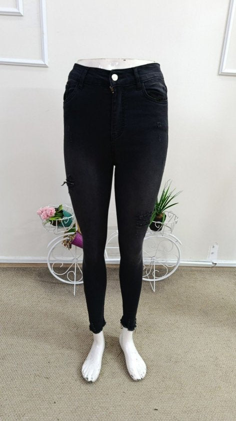 Pantaloni denim skinny cu talie inalta si model rupt/desfipat, 35673
