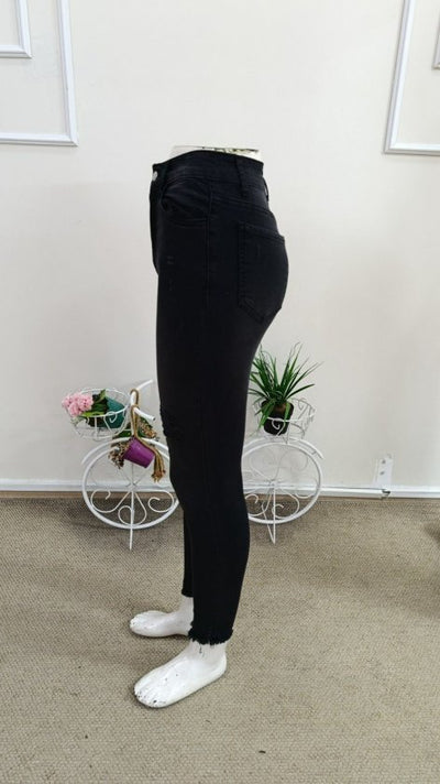 Pantaloni denim skinny cu talie inalta si model rupt/desfipat, 35673