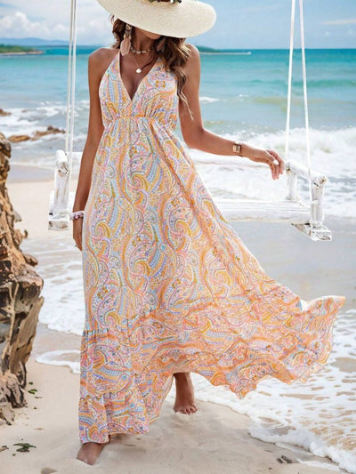 Rochie supreme lunga cu bretele subtiri, guler V, spate gol, legatura la gat, cu model desenat, 35710