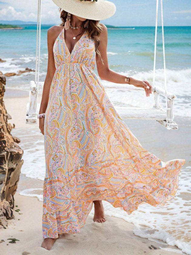 Rochie supreme lunga cu bretele subtiri, guler V, spate gol, legatura la gat, cu model desenat, 35710