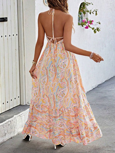 Rochie supreme lunga cu bretele subtiri, guler V, spate gol, legatura la gat, cu model desenat, 35710