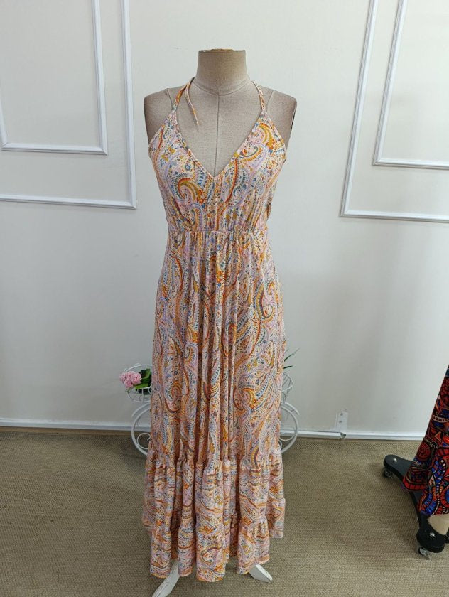 Rochie supreme lunga cu bretele subtiri, guler V, spate gol, legatura la gat, cu model desenat, 35710