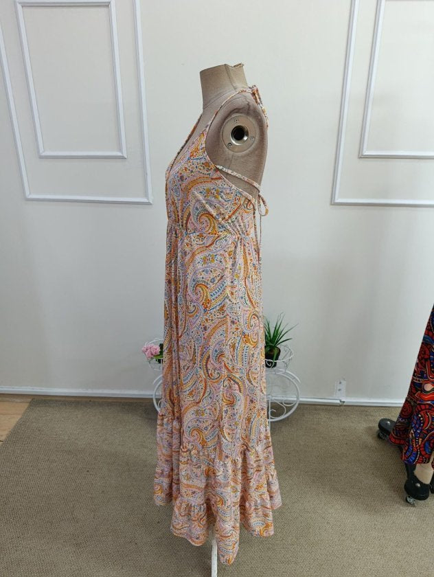 Rochie supreme lunga cu bretele subtiri, guler V, spate gol, legatura la gat, cu model desenat, 35710