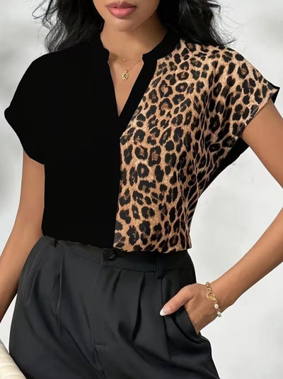 Kadın Kısa Kollu V Hakim Yakalı Leopar Desenli Sandy Bluza, 35713