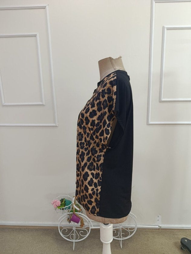Kadın Kısa Kollu V Hakim Yakalı Leopar Desenli Sandy Bluza, 35713