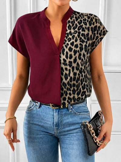 Bluz Sandy pentru femei cu maneca scurta, guler turc, model leopard, 35715