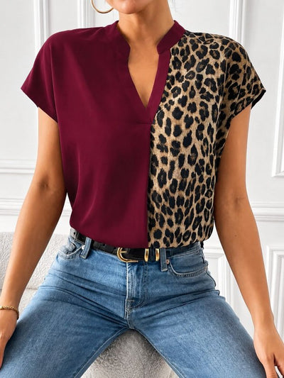 Bluz Sandy pentru femei cu maneca scurta, guler turc, model leopard, 35715