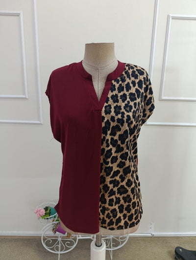Bluz Sandy pentru femei cu maneca scurta, guler turc, model leopard, 35715