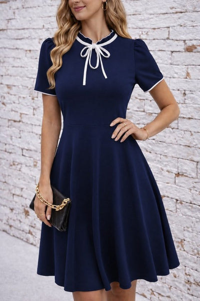 Rochie Midi Crep, Cu Mânecă Scurtă, Legată la Gât și Volane, pentru Femei, 35720