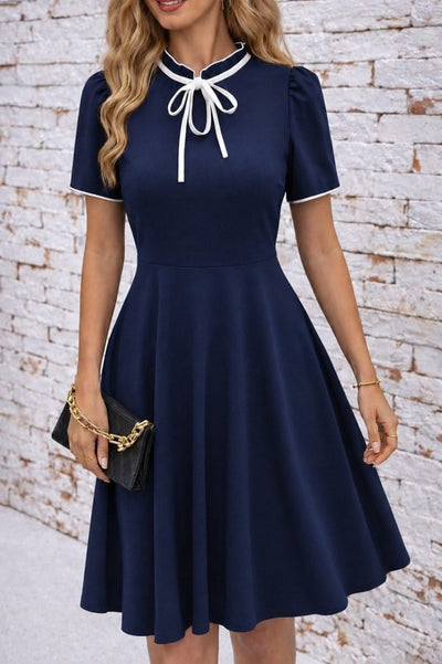 Rochie Midi Crep, Cu Mânecă Scurtă, Legată la Gât și Volane, pentru Femei, 35720