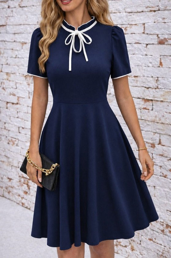 Rochie Midi Crep, Cu Mânecă Scurtă, Legată la Gât și Volane, pentru Femei, 35720
