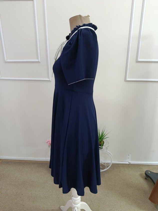 Rochie Midi Crep, Cu Mânecă Scurtă, Legată la Gât și Volane, pentru Femei, 35720