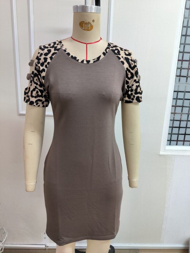 Rochie modal scurta pentru femei cu maneca scurta, guler rotund, snur decorativ pe umeri, 35730