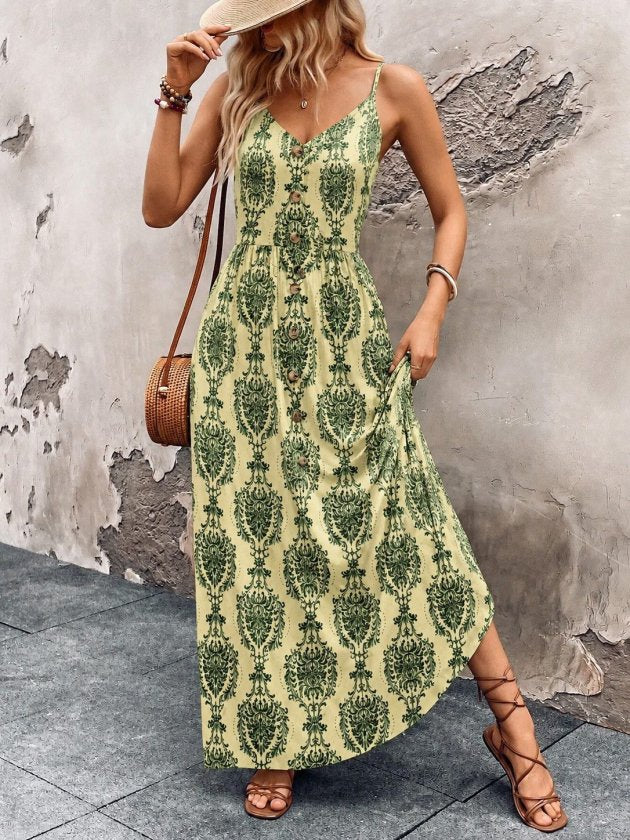 Rochie supreme lunga cu bretele subtiri, guler V, nasturi in fata si model desenat, 35741