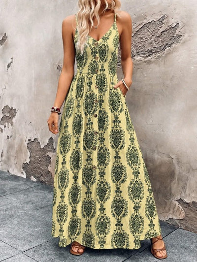 Rochie supreme lunga cu bretele subtiri, guler V, nasturi in fata si model desenat, 35741