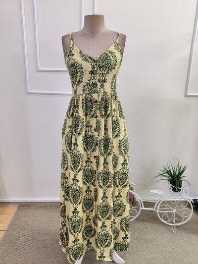 Rochie supreme lunga cu bretele subtiri, guler V, nasturi in fata si model desenat, 35741
