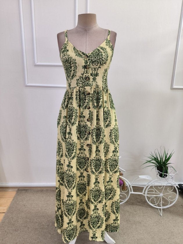 Rochie supreme lunga cu bretele subtiri, guler V, nasturi in fata si model desenat, 35741