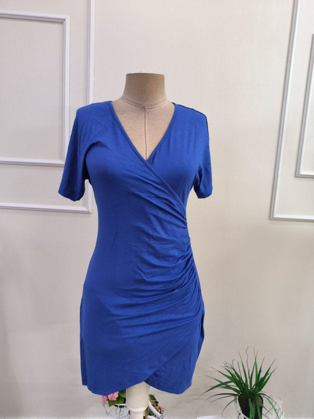 Rochie scurtă de damă, cu mânecă scurtă, cu decolteu petrecut, asimetrică în față, din viscoză, 35756