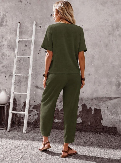 Set deux piese: Bluză și Pantaloni din Crep cu Mânecă Scurtă, Decupaje Asimetrice și Nasturi, 35759