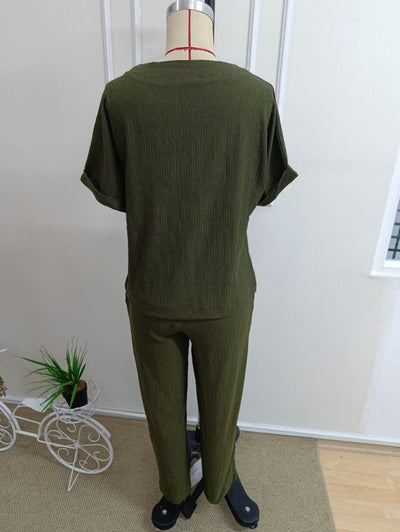 Set deux piese: Bluză și Pantaloni din Crep cu Mânecă Scurtă, Decupaje Asimetrice și Nasturi, 35759