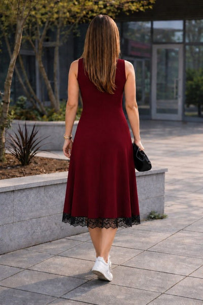 Rochie midi de damă, cu bretele, guler rotund și tiv din dantelă, 35766