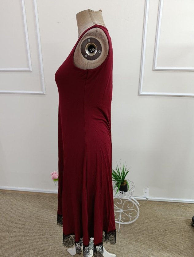 Rochie midi de damă, cu bretele, guler rotund și tiv din dantelă, 35766