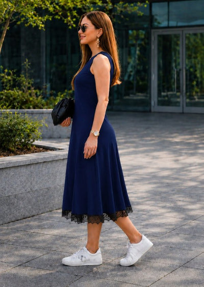 Rochie Midi cu Bretele, Guler Rotund și Dantelă la Tiv, 35767