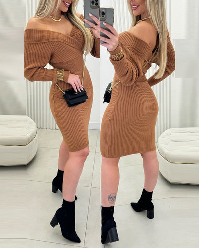 Women's Long Sleeve Off Shoulder Wrap Neck Short Knit Dress, 31740