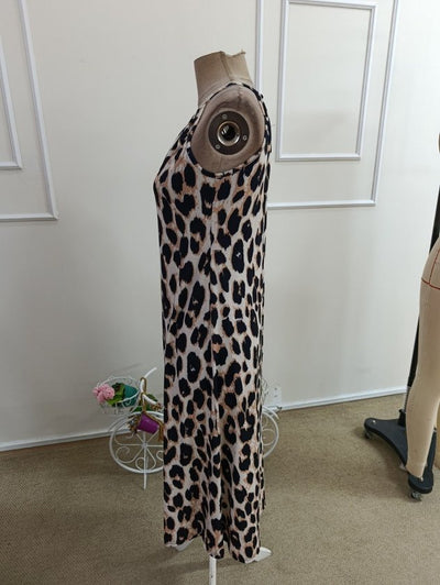 Kadın Omuzlardan Açık Yakada Halka Detaylı Leopar Desenli Midi Süprem Elbise, 35787