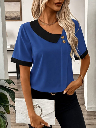 Bluz Dubai pentru femei cu maneca scurta, guler asimetric, nasturi si detalii, 35799