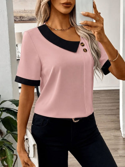 Bluz Dubai pentru femei cu maneca scurta, guler asimetric, nasturi si detalii, 35798