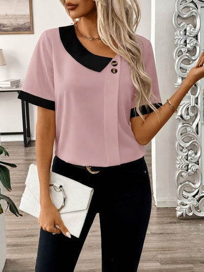 Bluz Dubai pentru femei cu maneca scurta, guler asimetric, nasturi si detalii, 35798
