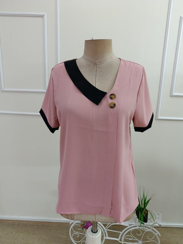 Bluz Dubai pentru femei cu maneca scurta, guler asimetric, nasturi si detalii, 35798