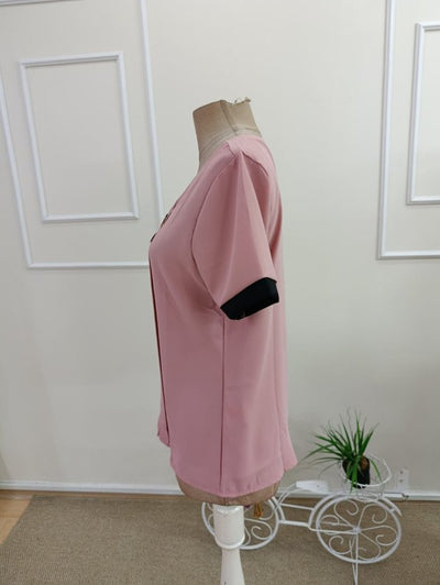 Bluz Dubai pentru femei cu maneca scurta, guler asimetric, nasturi si detalii, 35798